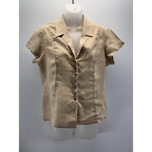 Jones New York Tan Linen Cap Sleeve Button Down Blouse Designer Buttons Size 12